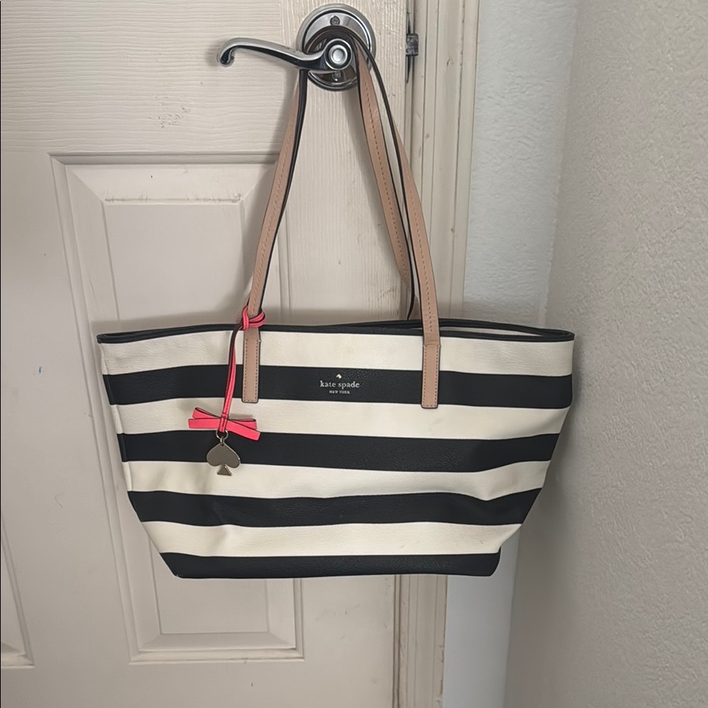 Kate Spade Black and White Canvas Tote with Leather Handles